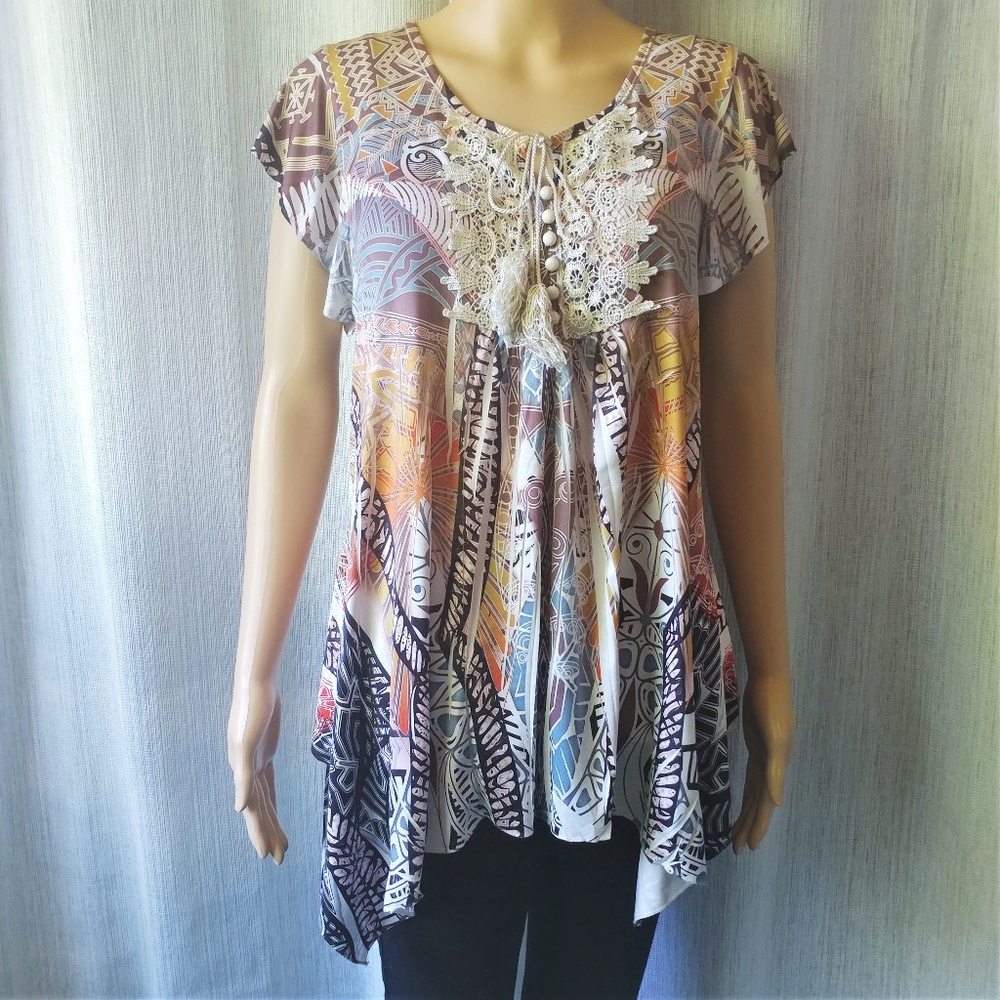 Unity World Abstract Printed Long Top Tunic Lace
